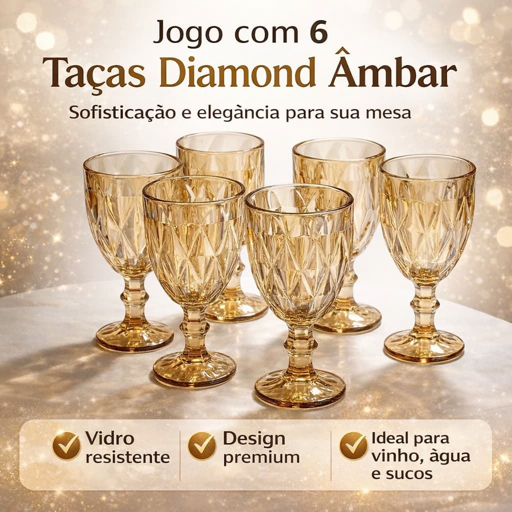 Jogo de 6 Taças de Vidro Diamond Transparente Ambar Furta Cor Verde Azul Fume Bico De Jaca
