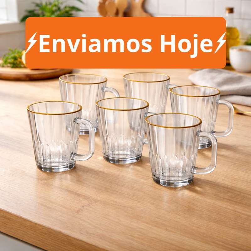 Xícaras De vidro transparente com Borda de Ouro 6 Unidades Cha e Café