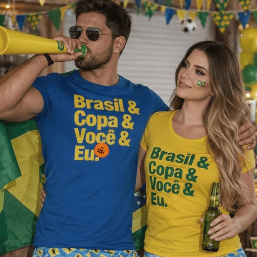 Conjunto Casal namorados Copa Futebol Brasil Seleção Kit 2 Camisetas "Brasil & Copa & Você & Eu"