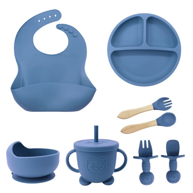 Kit Talheres bebê silicone 4/6/8 Peças Talheres Infantil Com Ventosa Canudo Colher Babador Garfo