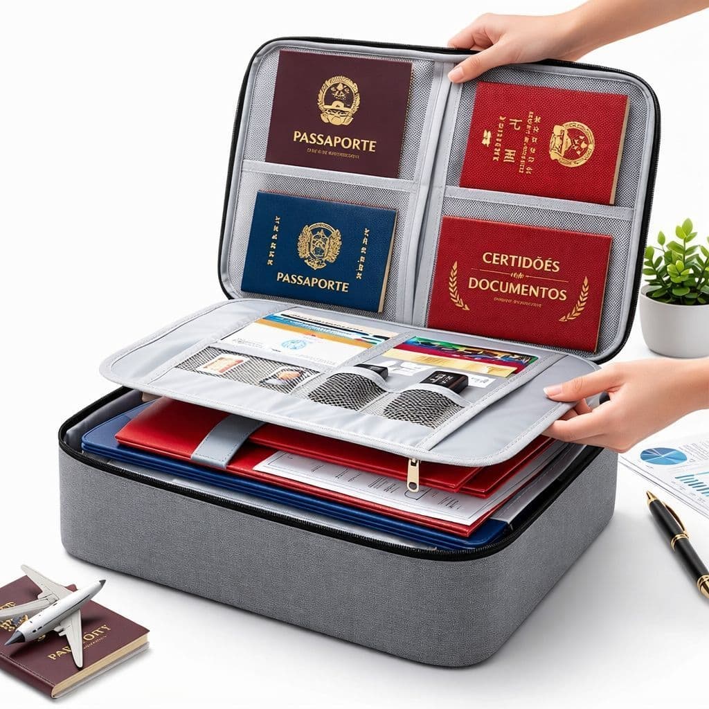 Bolsa Pasta Organizador De Documentos Vários Compartimento Trava Com Segredo Passaporte Porta Cartão