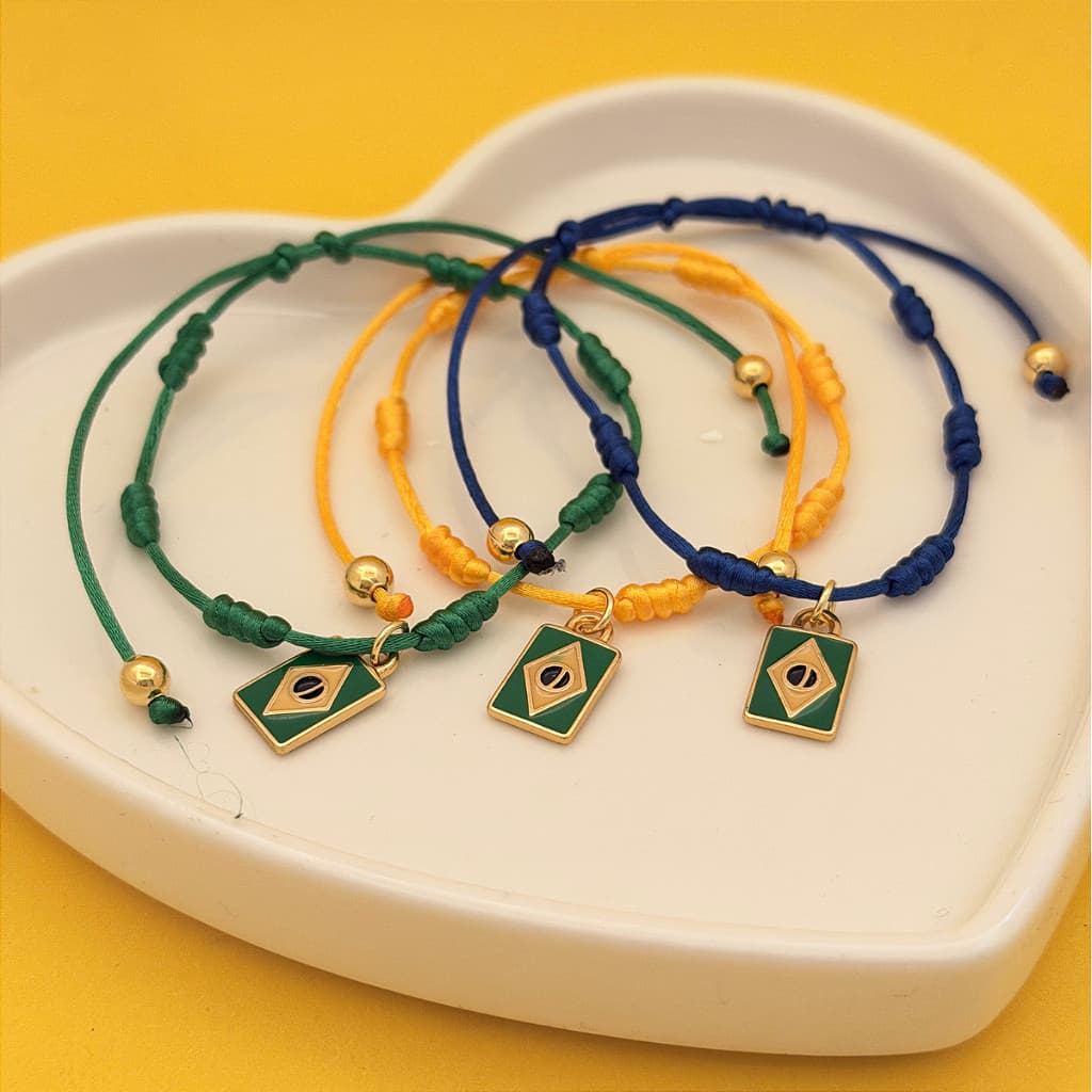 Pulseira 7 nós Proteção Pingente Bandeira do Brasil Core Copa do Mundo