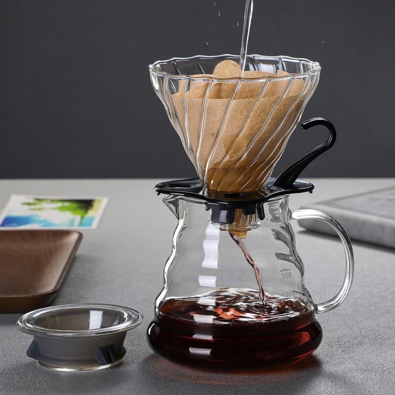 Kit de Preparo de Café V60- Jarra de Vidro Borossilicato com Suporte de Filtro de Vidro