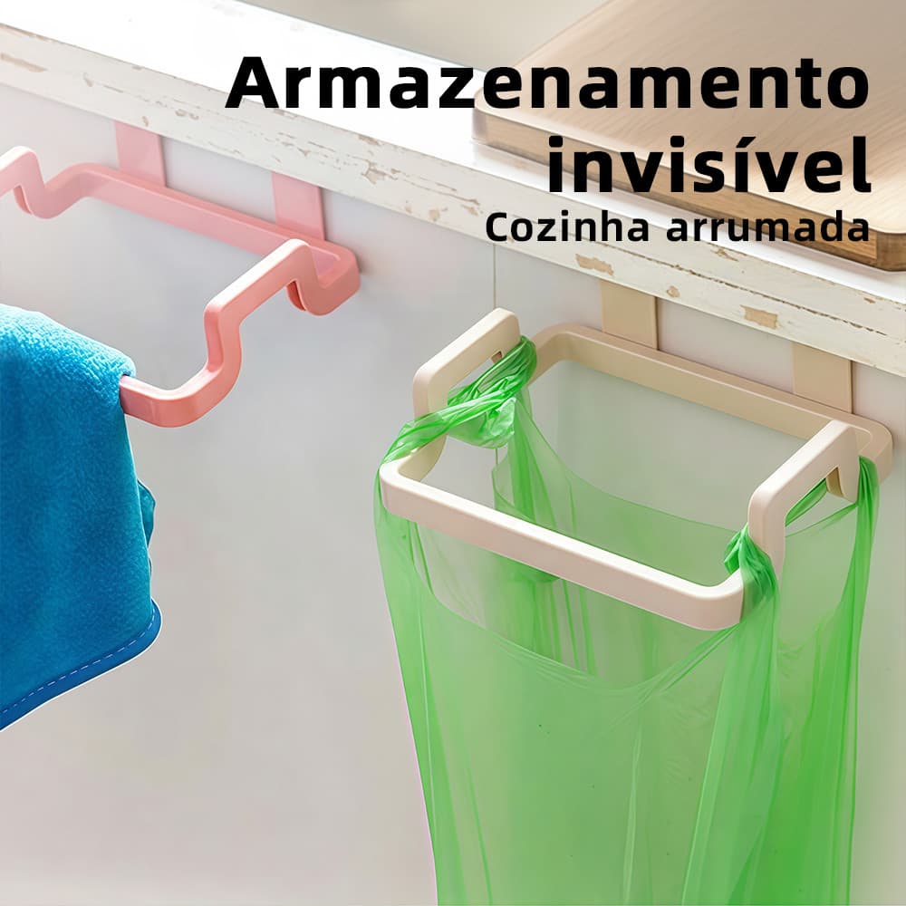 Suporte para Saco de Lixo de Porta Suspenso de Plástico Organiza Cozinha Portátil e Funcional para Pendurar Toalhas