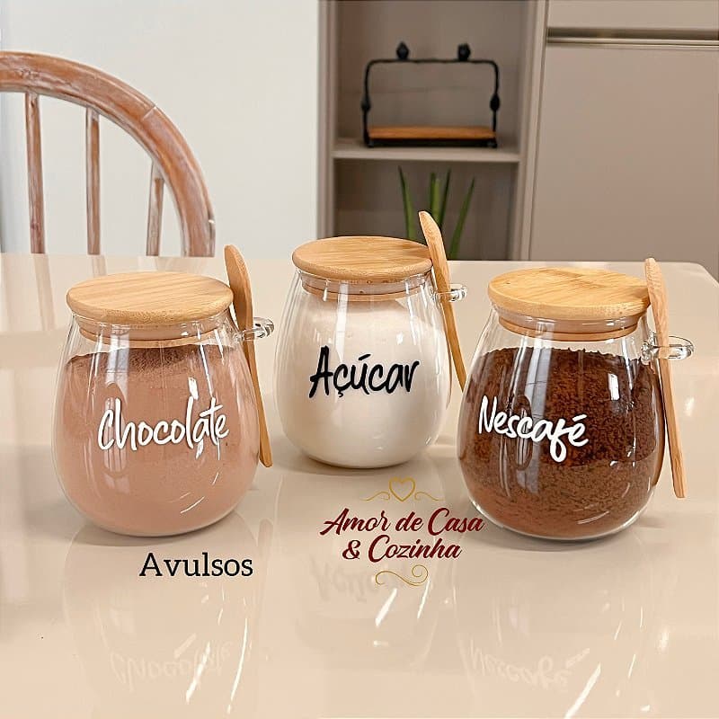 ESCOLHA A PERSONALIZAÇÃO 750ML POTE STYLE TAMPA E COLHER DE BAMBU AVULSO