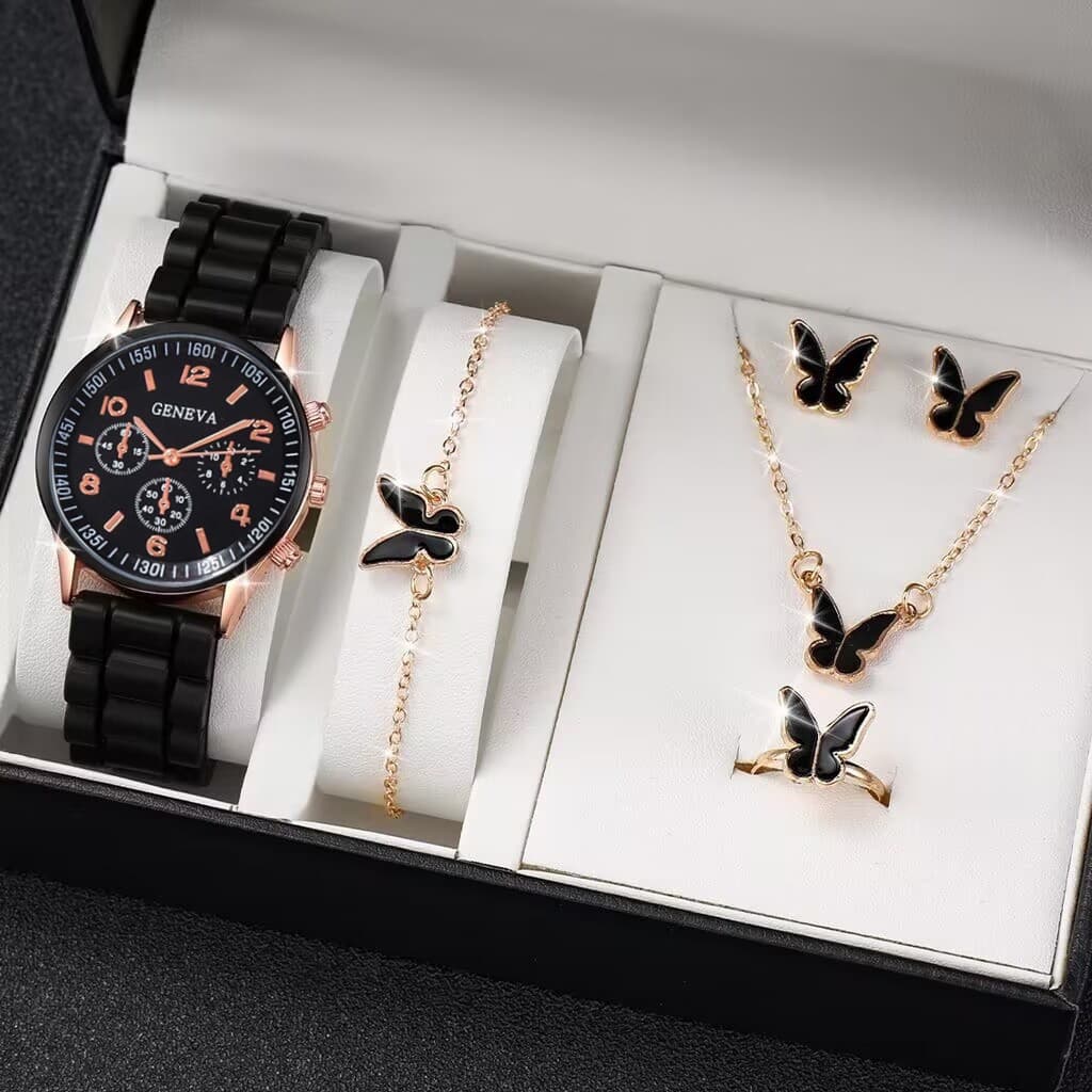 Conjunto De Jóias Da Moda Acessórios Femininos Colar Pulseira Brincos Anel Preto Branco Data Noite Brilho Estético Prese